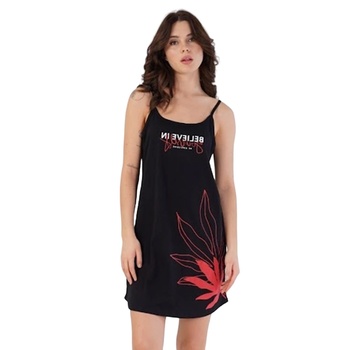 Нощница с тънки презрамки в черно с листо и надпис