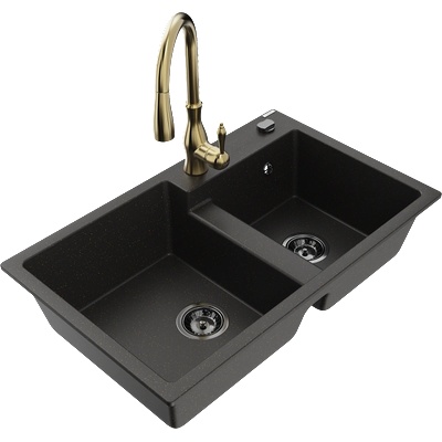 Mexen Tomas кухненска мивка от гранит, 2-компонентна с кухненски смесител Savita, черен/златист металик - 6516-75-672601-50-B (6516-75-672601-50-B)