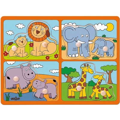 Woodyland Woody - Дървен пъзел с дръжки, Африканските животни и техните малки