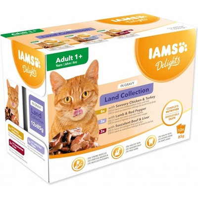 IAMS Delights Adult suchozemské mäso v omáčke multipack 12 x 85 g