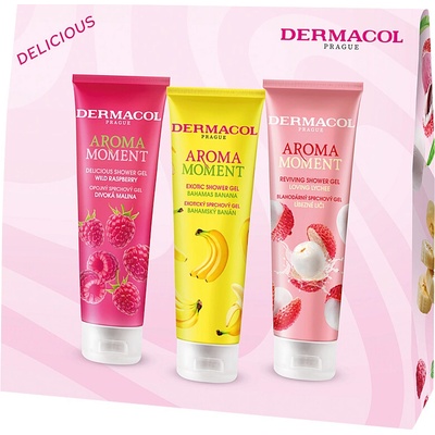 Dermacol Aroma Moment mix fruit bahamský banán sprchový gel 250 ml + divoká malina sprchový gel 250 ml + líbezné liči sprchový gel 250 ml dárkové balení – Zboží Dáma