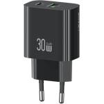 USAMS T65 AC зарядно устройство USB+Type-C гнездо 30W, PD бързо зарядно устройство, ЧЕРНО CC316TC01 (CC316TC01)