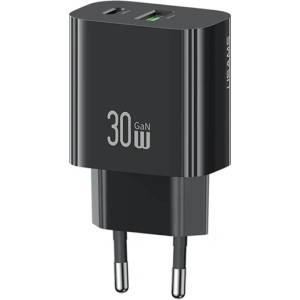 USAMS T65 AC зарядно устройство USB+Type-C гнездо 30W, PD бързо зарядно устройство, ЧЕРНО CC316TC01 (CC316TC01)