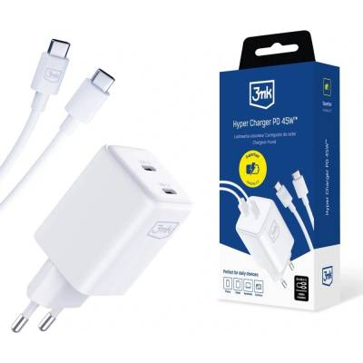 3mk Protection Hyper PD GaN Fast Wall Charger 45W - захранване за ел. мрежа с 2xUSB-C изходи с технология за бързо зареждане и USB-C към USB-C кабел (бял)