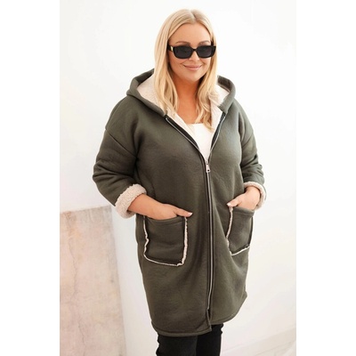 Kesi Dámska bunda Plus Size s kapucňou a vreckami zateplená baránkom Zelená