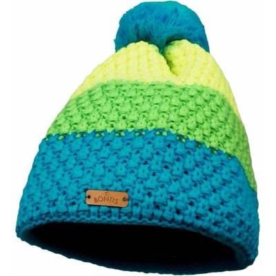 Bontis Dětská trojbarevná pletená zimní čepice s bambulí Tyrkysová / zelená / žlutá