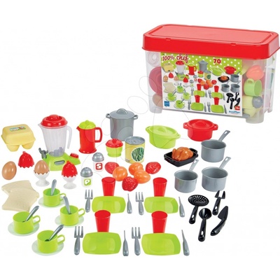 Écoiffier 100% Chef 2598 nádobí s mixérem v dóze 70 doplňků s potravinami