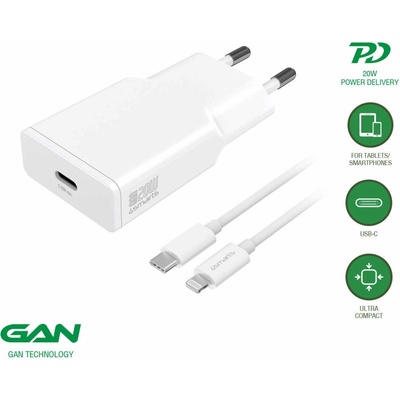 Захранване за ел. мрежа с USB-C изход с технология за бързо зареждане и USB-C към Lightning кабел - 4smarts Slim 20W GaN USB-C PD Fast Charger with USB-C to Lightning Cable (white) (бял) (540020)