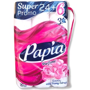  Papia тоалетна хартия, Ароматизирана, Екзотик, 3 пласта, 24+6 броя