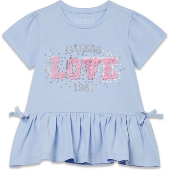 GUESS Синя тениска за мини момиче с воали и текстилен розов надпис LOVE на Guess