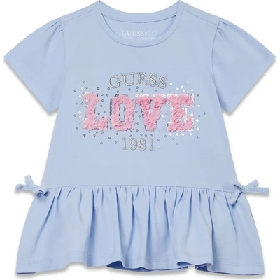 GUESS Синя тениска за мини момиче с воали и текстилен розов надпис LOVE на Guess