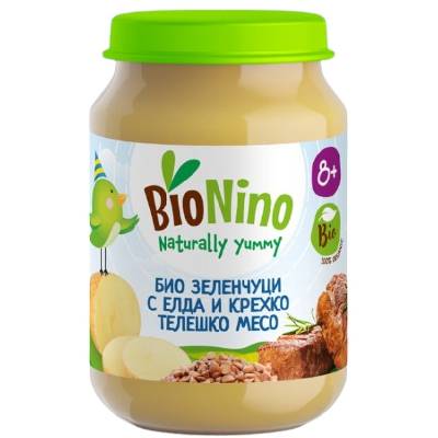 Био пюре BioNino - Зеленчуци с елда и телешко, 8 м+, 190 g (BN2393)
