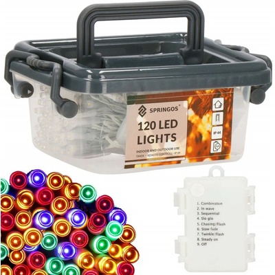 SPRINGOS LED světelný řetěz Mikro 9 m 120 LED 3x AA IP44 8 světelných módů multicolor CL0173