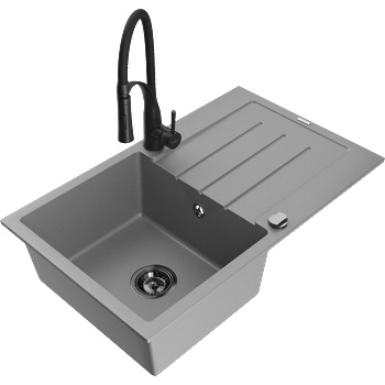 Mexen Bruno мивка гранитна, еднокамерна с отцедник и кухненски смесител Aster, сива - 6513-71-73450-70-B (6513-71-73450-70-B)
