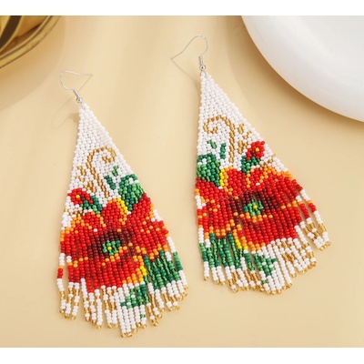 B-TOP Visací náušnice s dlouhými střapci a červeným květem - červená/ bílá