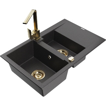Mexen Gaspar гранитна мивка с 1, 5 камери със сушилник и кухненски смесител Rita, черна с пръски - 6507-76-670300-50 (6507-76-670300-50)