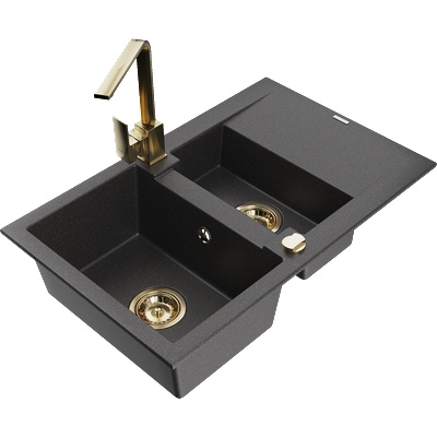 Mexen Gaspar гранитна мивка с 1, 5 камери със сушилник и кухненски смесител Rita, черна с пръски - 6507-76-670300-50 (6507-76-670300-50)