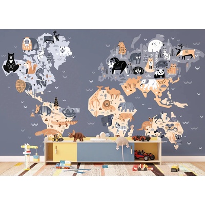 AG Design FTD5P-352445 Dětská fototapeta Tmavá Zvířecí Mapa Světa, rozměry 375 x 270 cm