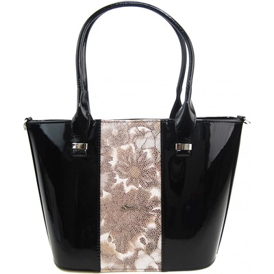 Grosso Luxusná dámska kabelka čierny lak s hnedými kvietkami S504