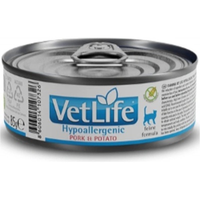 Farmina Vet Life Feline Hypoallergenic Pork & Potato - Пълноценна диетична консерва за котки за намаляване на непоносимост към съставки и хранителни вещества със свинско и картофи, консерва - 0, 085 кг, Италия - PVT085013