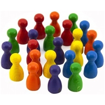 Figurky dřevo 25mm 24ks 6 barev+ 2 kostky společenská hra v sáčku 7x13cm