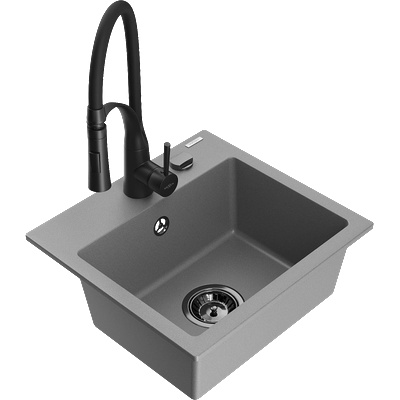 Mexen Milo Гранитна мивка с 1 отделение и кухненски смесител Aster, сив - 6505-71-73450-70-B (6505-71-73450-70-B)