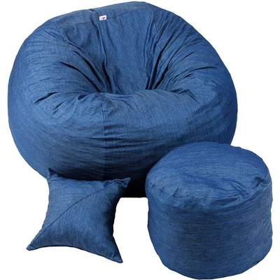 PUFRELAX Комплект, Барбарон, с табуретка за крака и декоративна възглавница, 700л. King Size - Denim, Перящ се калъф, Трансформира се в легло, Пълнеж с микс от мемори пяна и дунапрен, Гама Premium (PUF-M-KOP-PT-DEN)