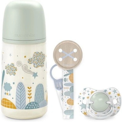 Suavinex sada fľaša 270ml + cumlík fyziologický + klip Dreams zelená
