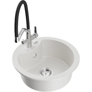 Mexen Diego гранитна кухненска мивка с 1 камера и кухненски смесител Duo, бял (6512-20-671701-07)