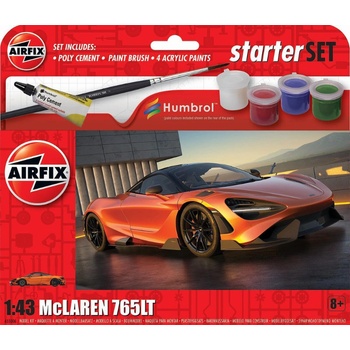 Airfix 1: 43 Автомобил McLaren 765LT - стартов комплект с 4 акрилни бои, лепило и четка (985006)