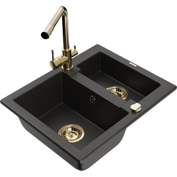 Mexen Carlos гранитна мивка с 1, 5 камери и кухненски смесител Duero, черен/златен металик - 6518-75-671600-50 (6518-75-671600-50)