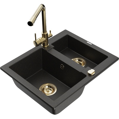 Mexen Carlos гранитна мивка с 1, 5 камери и кухненски смесител Duero, черен/златен металик - 6518-75-671600-50 (6518-75-671600-50)