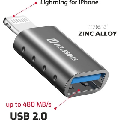 Swissten Přepojka / redukce - USB-A samice na Lightning samec - pro flashdisk / myš - kovová