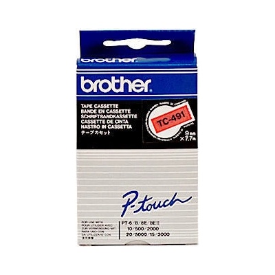 Brother TC-491, 9mm x 7,7m, čierna tlač / červený podklad, originálna páska