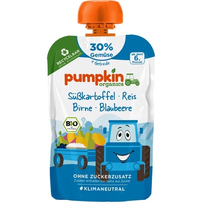 Pumpkin Organics Био пюре Pumpkin Organics - Пауч със сладък картоф, круши и боровинки, 100 g (210717)