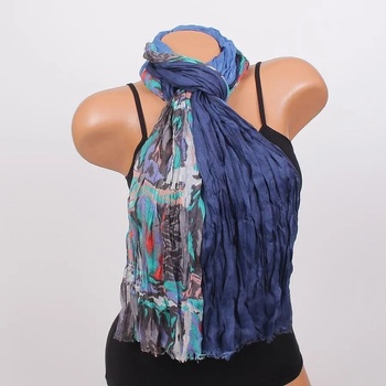 Image 1 of Цветен дамски шал в два нюанса синьо и шарен десен