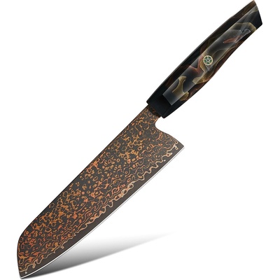 IZMAEL Damaškový kuchynský nôž Kurogane Santoku/Čierna/Hnedá 18 cm