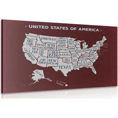 Obraz naučná mapa USA s bordovým pozadím - 120x80