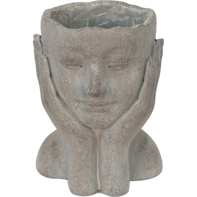 Clayre & Eef Šedý cementový květináč hlava ženy v dlaních L 16x16x22 cm