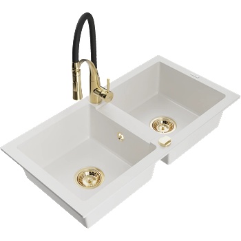 Mexen Mario гранитна мивка с 2 отделения с кухненски смесител Aster, бял - 6504-20-73450-57-G (6504-20-73450-57-G)