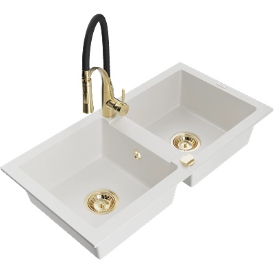 Mexen Mario гранитна мивка с 2 отделения с кухненски смесител Aster, бял - 6504-20-73450-57-G (6504-20-73450-57-G)