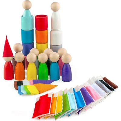 Montessori Ulanik dřevěná hračka "Peg Dolls with Hats Beds and Cups" – Sleviste.cz