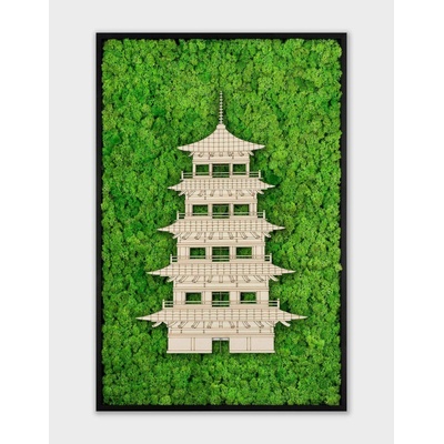 Lišejníkový obraz s dřevěným světovým monumentem Bílé dřevo, Japonská Pagoda