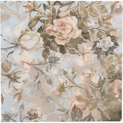 Clayre & Eef Béžovo-modré papírové ubrousky s růžemi 33x33cm 20ks