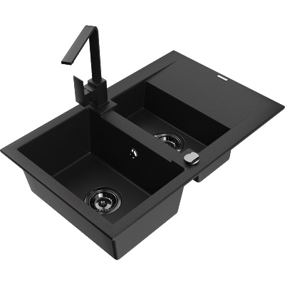 Mexen Gaspar гранитна мивка с 1, 5 камери и отцедник, кухненски смесител Rita, черен - 6507-77-670300-70-B (6507-77-670300-70-B)