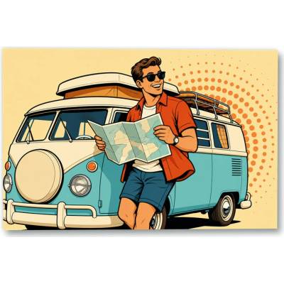Plakát – Muž s mapou u obytného vozu 135 × 90 cm Bez rámu Ne Bez rámu