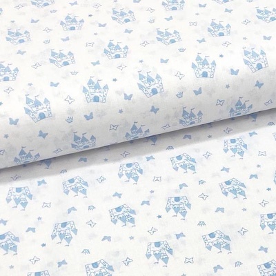 Bavlněné plátno P0663 bílé, světle modrý hrad, š.140