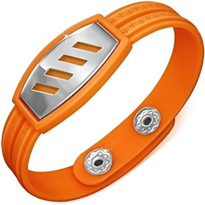 Šperky eshop Oranžový gumený náramok šikmé výrezy na známke grécky kľúč AA35.20