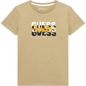 GUESS Бежова тениска с къс ръкав с трицветен надпис Guess за момче
