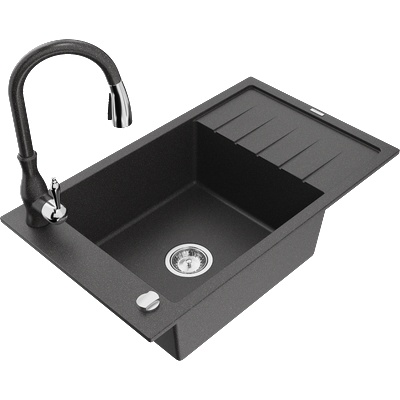 Mexen Elias гранитна мивка с 1 отделение и отцедник, с кухненски смесител Savita, черно петнисто - 6511-76-672601-76 (6511-76-672601-76)
